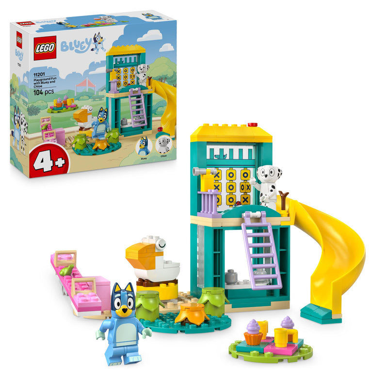 LEGO Bluey Playground Fun with Bluey and Chloe - Toy for 4+ Year Old Girls & Boys - incl. 2 Minifigures, a Functional Pink See-Saw, Slide, Climbing Frame & 3 Plants - Gift for TV Show Fans - 11201