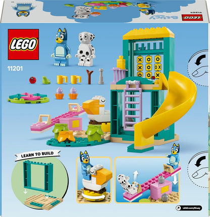 LEGO Bluey Playground Fun with Bluey and Chloe - Toy for 4+ Year Old Girls & Boys - incl. 2 Minifigures, a Functional Pink See-Saw, Slide, Climbing Frame & 3 Plants - Gift for TV Show Fans - 11201