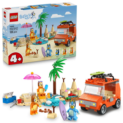 LEGO Bluey: Bluey's Beach & Family Car Trip Toy with 3 Minifigures incl. Bingo & Chilli, plus 2 Surfboards, a Sand Castle & Fun Accessories - Birthday Gift for 4+ Year Old Girls & Boys - 11202