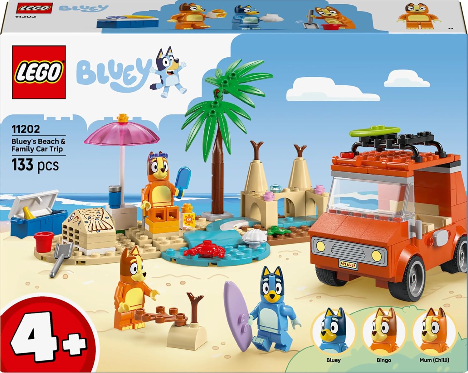 LEGO Bluey: Bluey's Beach & Family Car Trip Toy with 3 Minifigures incl. Bingo & Chilli, plus 2 Surfboards, a Sand Castle & Fun Accessories - Birthday Gift for 4+ Year Old Girls & Boys - 11202