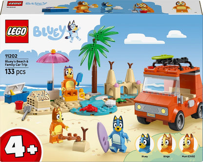LEGO Bluey: Bluey's Beach & Family Car Trip Toy with 3 Minifigures incl. Bingo & Chilli, plus 2 Surfboards, a Sand Castle & Fun Accessories - Birthday Gift for 4+ Year Old Girls & Boys - 11202