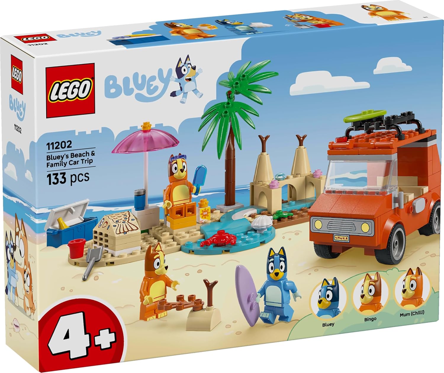 LEGO Bluey: Bluey's Beach & Family Car Trip Toy with 3 Minifigures incl. Bingo & Chilli, plus 2 Surfboards, a Sand Castle & Fun Accessories - Birthday Gift for 4+ Year Old Girls & Boys - 11202