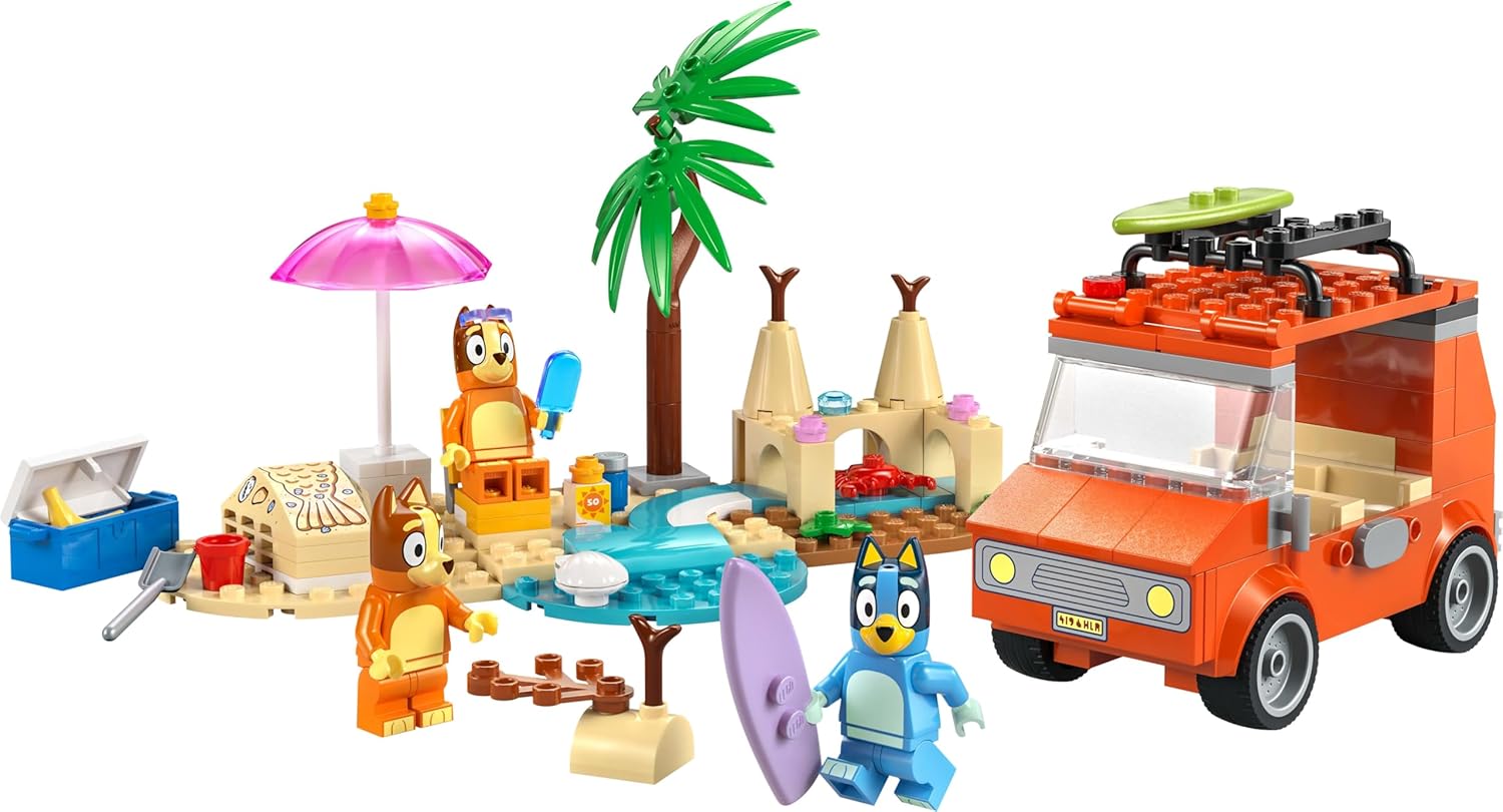 LEGO Bluey: Bluey's Beach & Family Car Trip Toy with 3 Minifigures incl. Bingo & Chilli, plus 2 Surfboards, a Sand Castle & Fun Accessories - Birthday Gift for 4+ Year Old Girls & Boys - 11202