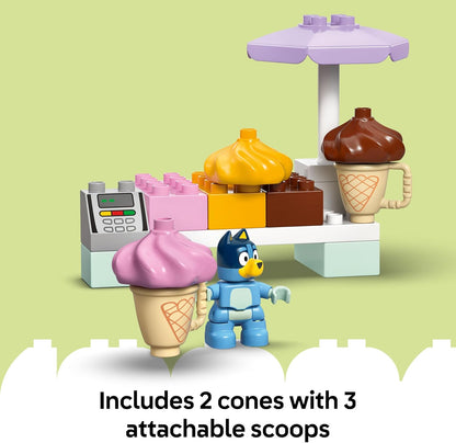 LEGO DUPLO Bluey: Ice Cream Trip with Bluey - Educational Motor Skills Toy for Toddlers, with a Toy Car and Ice Cream Stand, plus 2 Figures incl. Bandit - Gift for 2+ Year Old Girls & Boys - 10458