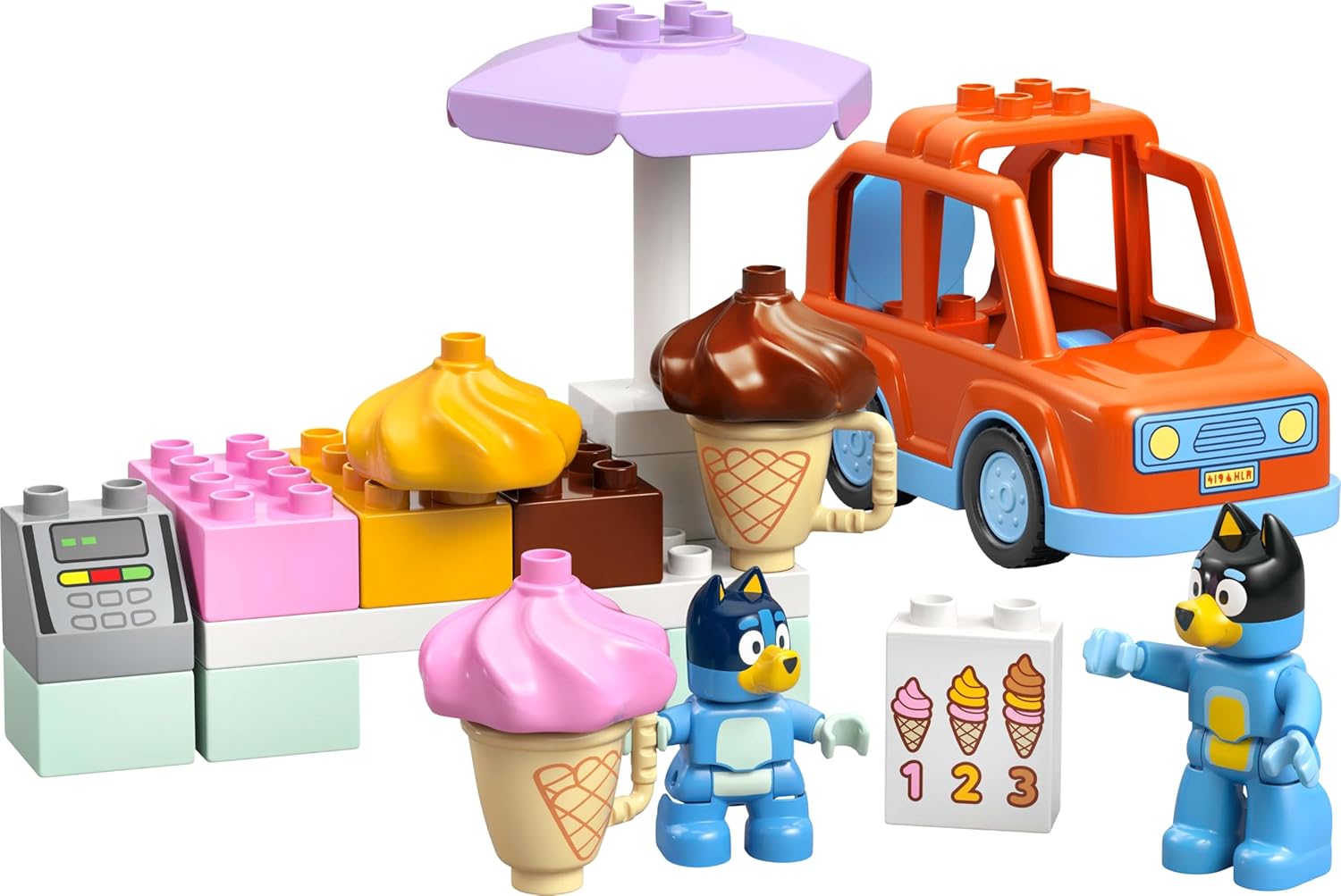 LEGO DUPLO Bluey: Ice Cream Trip with Bluey - Educational Motor Skills Toy for Toddlers, with a Toy Car and Ice Cream Stand, plus 2 Figures incl. Bandit - Gift for 2+ Year Old Girls & Boys - 10458