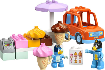 LEGO DUPLO Bluey: Ice Cream Trip with Bluey - Educational Motor Skills Toy for Toddlers, with a Toy Car and Ice Cream Stand, plus 2 Figures incl. Bandit - Gift for 2+ Year Old Girls & Boys - 10458