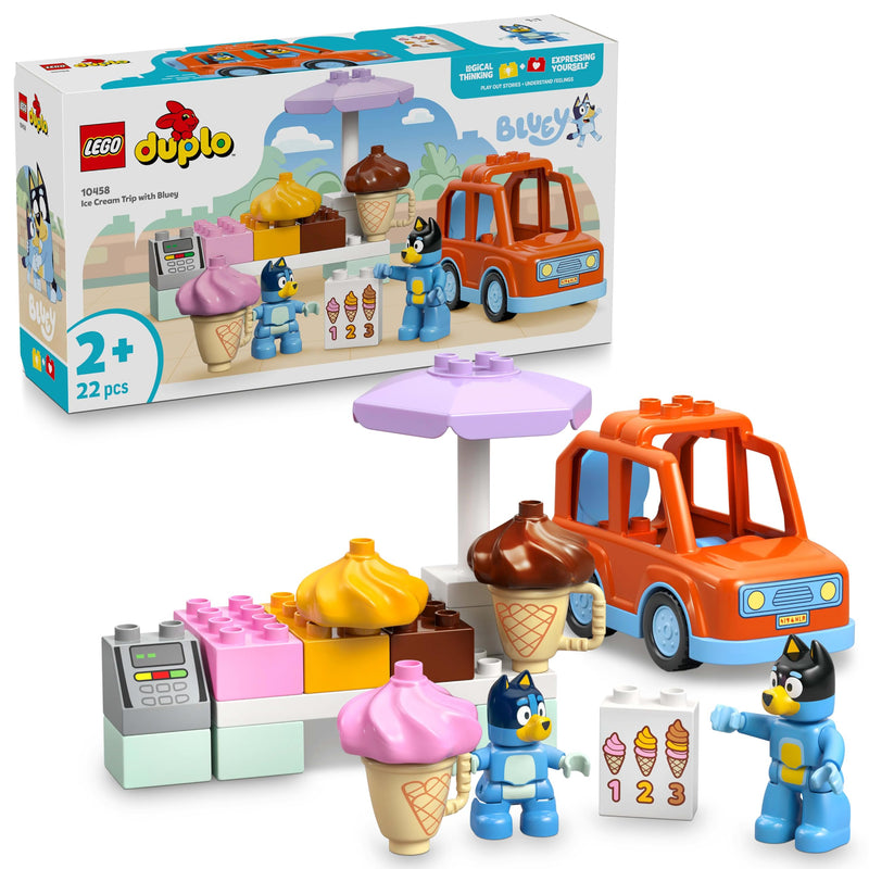 LEGO DUPLO Bluey: Ice Cream Trip with Bluey - Educational Motor Skills Toy for Toddlers, with a Toy Car and Ice Cream Stand, plus 2 Figures incl. Bandit - Gift for 2+ Year Old Girls & Boys - 10458