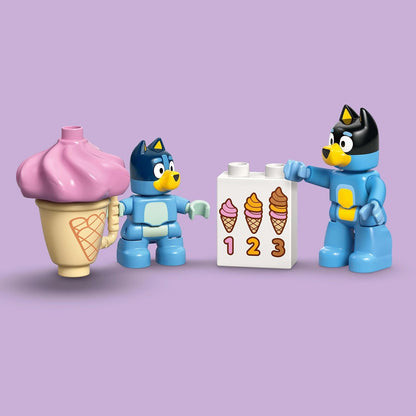 LEGO DUPLO Bluey: Ice Cream Trip with Bluey - Educational Motor Skills Toy for Toddlers, with a Toy Car and Ice Cream Stand, plus 2 Figures incl. Bandit - Gift for 2+ Year Old Girls & Boys - 10458
