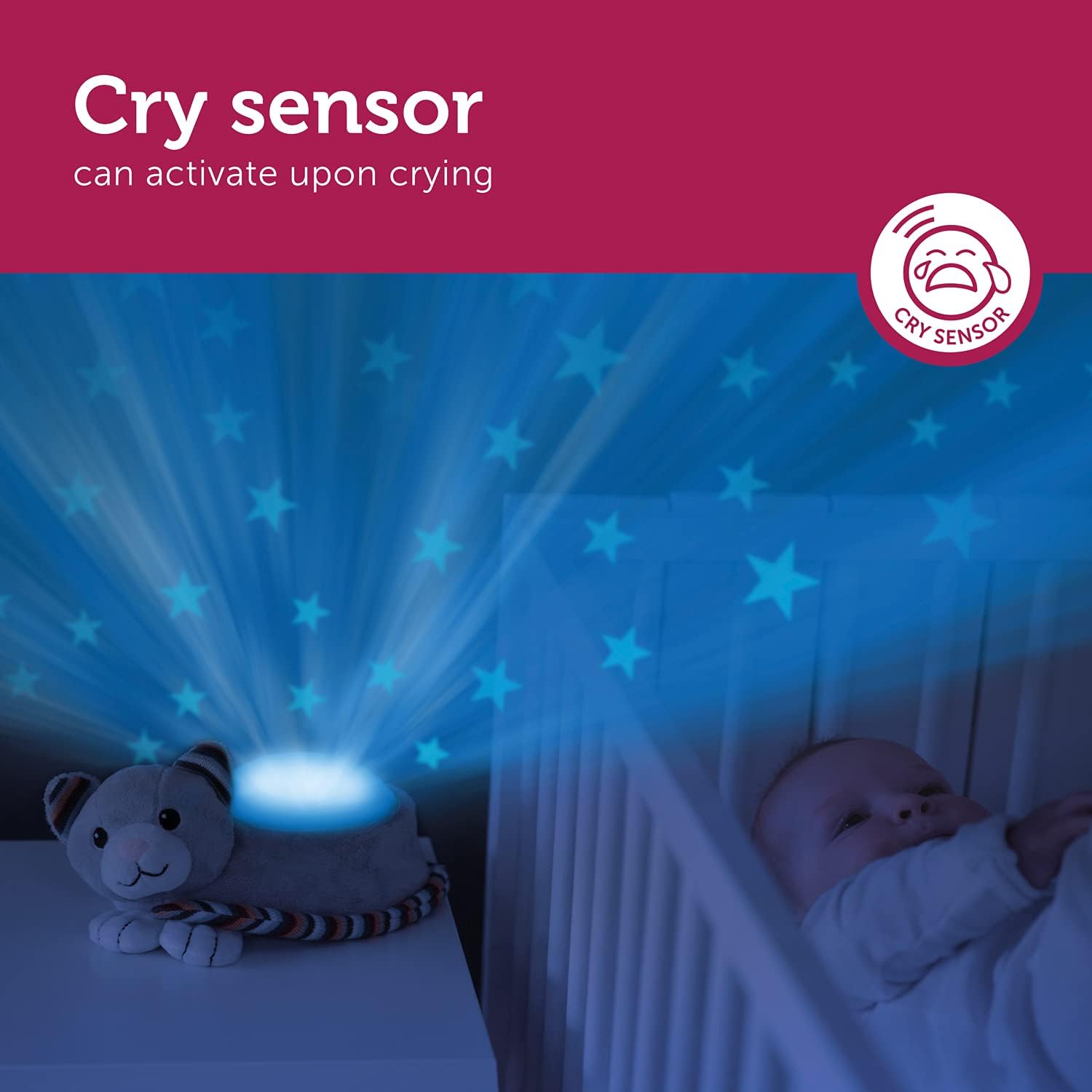 ZAZU Kiki The Kitten Projektor - Baby Lichtprojektor mit beruhigenden Melodien (Herzschlag-Sound, Naturgeräusche oder Lounge-Musik) | Schrei-Sensor | Automatische Abschaltung | waschbar