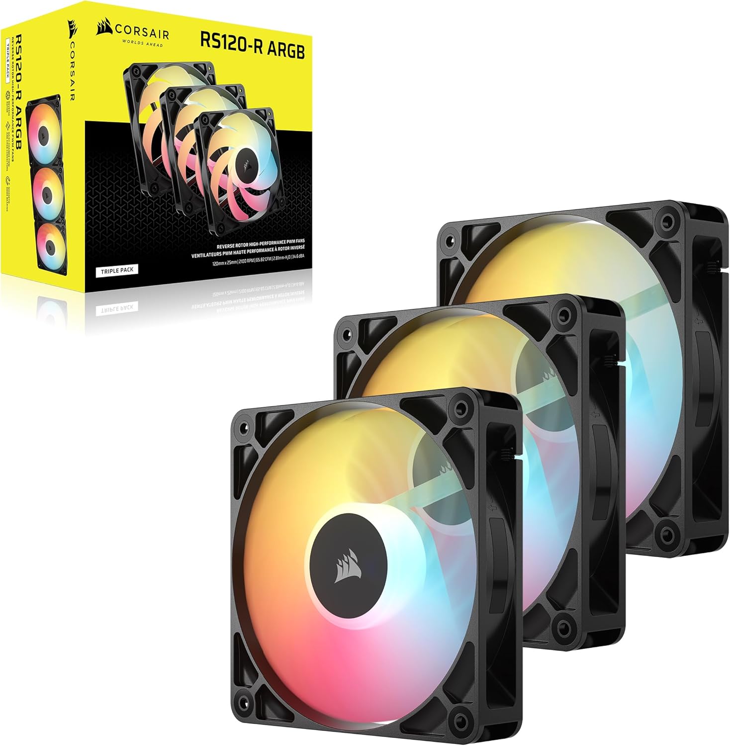 CORSAIR RS120-R Ventole ARGB 5V PWM 120mm Inverse Flow – 3 Pezzi – 8 LED RGB, Rotore Inverso, Alta Pressione Statica, Daisy-Chain, Cuscinetto Magnetico, Modalità Zero RPM –