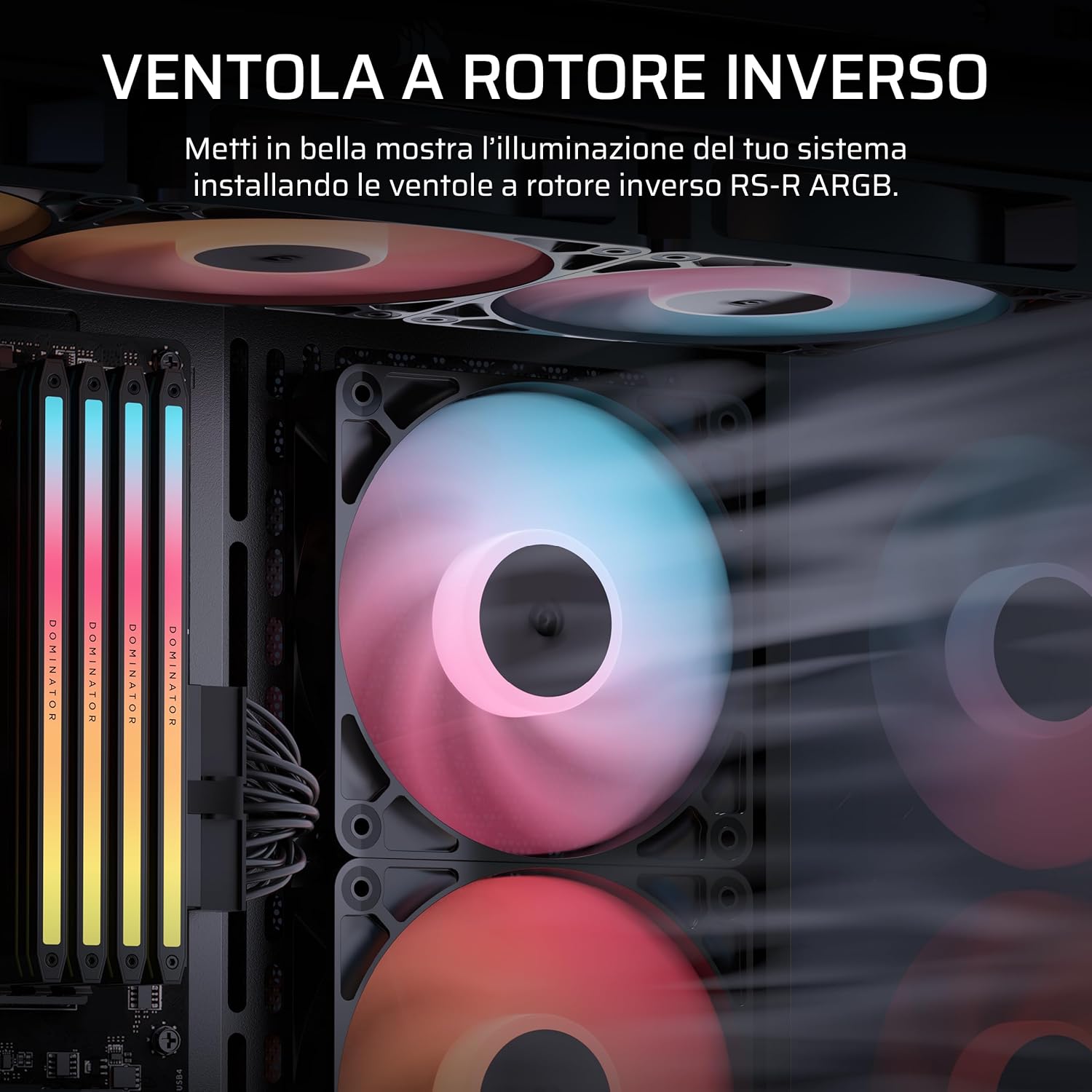 CORSAIR RS120-R Ventole ARGB 5V PWM 120mm Inverse Flow – 3 Pezzi – 8 LED RGB, Rotore Inverso, Alta Pressione Statica, Daisy-Chain, Cuscinetto Magnetico, Modalità Zero RPM –