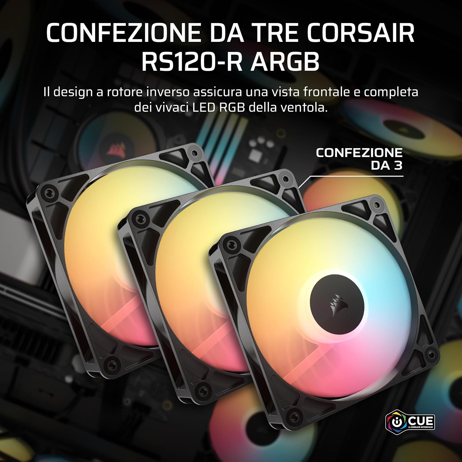 CORSAIR RS120-R Ventole ARGB 5V PWM 120mm Inverse Flow – 3 Pezzi – 8 LED RGB, Rotore Inverso, Alta Pressione Statica, Daisy-Chain, Cuscinetto Magnetico, Modalità Zero RPM –