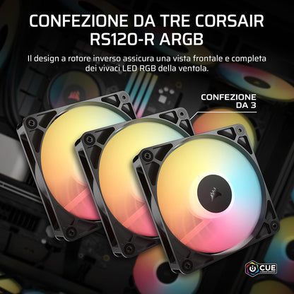 CORSAIR RS120-R Ventole ARGB 5V PWM 120mm Inverse Flow – 3 Pezzi – 8 LED RGB, Rotore Inverso, Alta Pressione Statica, Daisy-Chain, Cuscinetto Magnetico, Modalità Zero RPM –