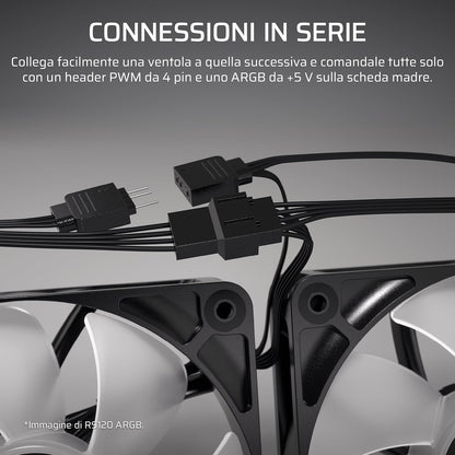 CORSAIR RS120-R Ventole ARGB 5V PWM 120mm Inverse Flow – 3 Pezzi – 8 LED RGB, Rotore Inverso, Alta Pressione Statica, Daisy-Chain, Cuscinetto Magnetico, Modalità Zero RPM –