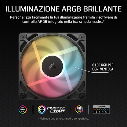 CORSAIR RS120-R Ventole ARGB 5V PWM 120mm Inverse Flow – 3 Pezzi – 8 LED RGB, Rotore Inverso, Alta Pressione Statica, Daisy-Chain, Cuscinetto Magnetico, Modalità Zero RPM –
