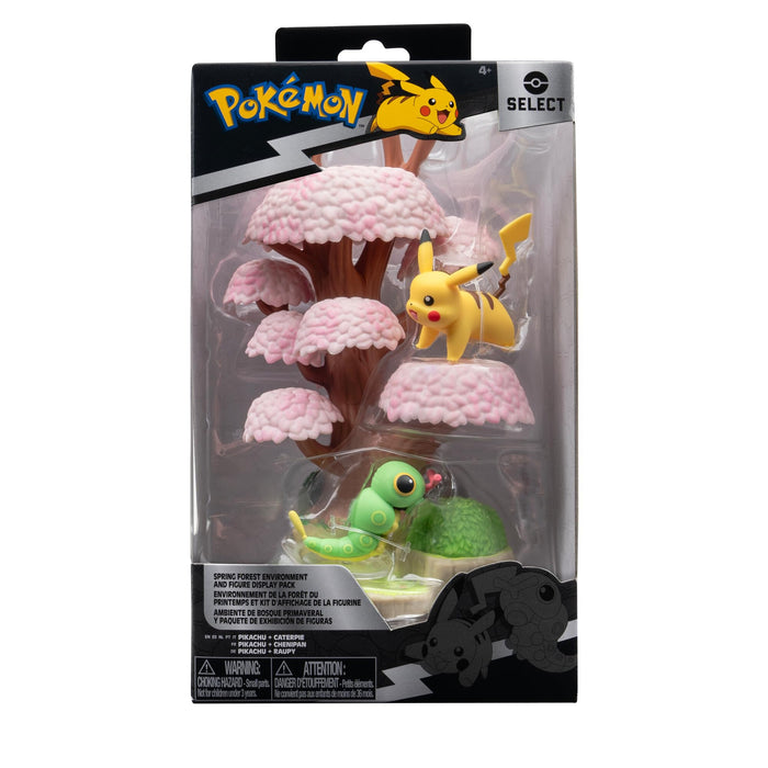 Pokémon PKW3207-15cm Select Set - Blütenbaum mit Pikachu und Raupi, offizielles Figurenset