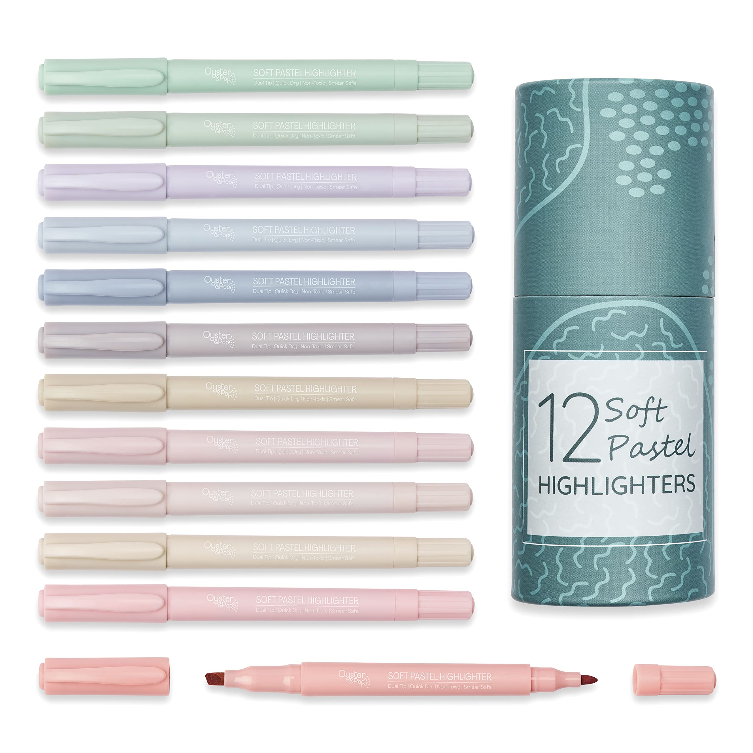Oyster&Pop 12pcs Dual Tip Pastel Highlighters | Bible Pens No Bleed | Aesthetic Desk Accessories & Book Annotation Supplies | Cute & Aesthetic Highlighters | Giftable Pastel Pens
