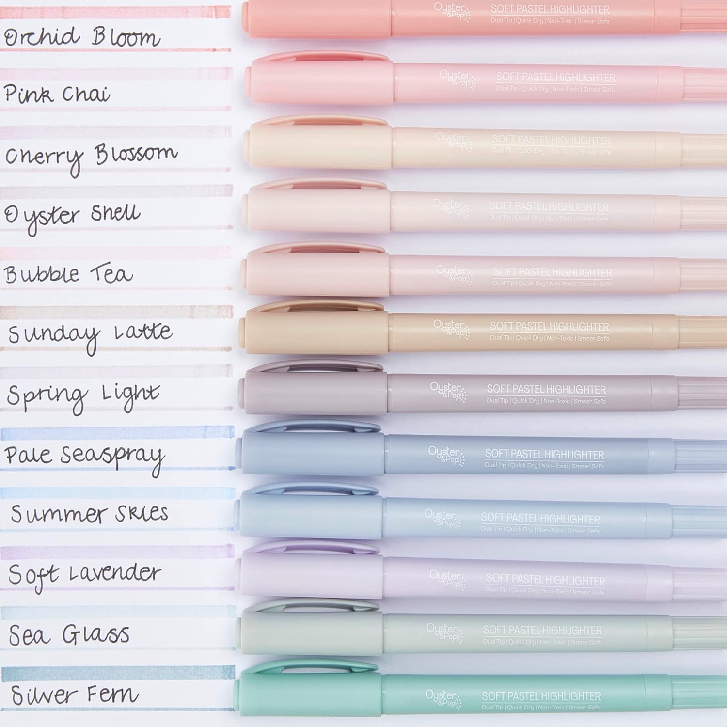 Oyster&Pop 12pcs Dual Tip Pastel Highlighters | Bible Pens No Bleed | Aesthetic Desk Accessories & Book Annotation Supplies | Cute & Aesthetic Highlighters | Giftable Pastel Pens