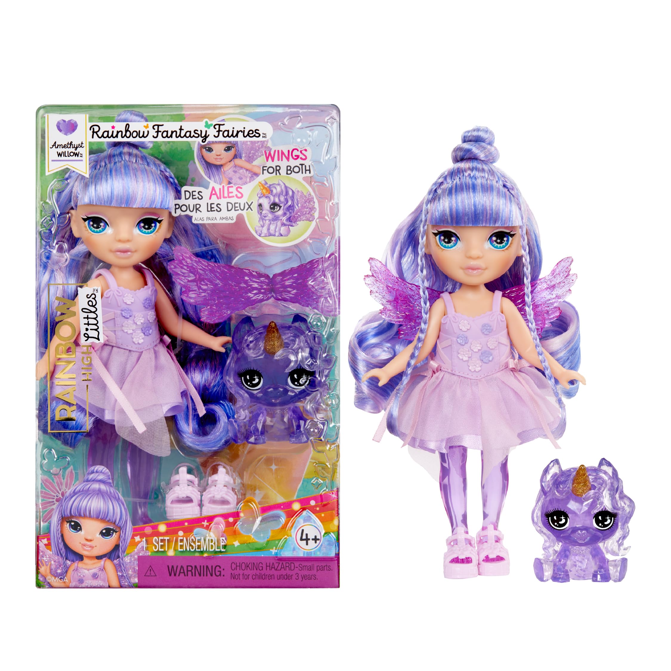 RAINBOW HIGH Littles Rainbow Fantasy Fairies & Pet - Amatista, Morado - Pequeña Muñeca Posable de 14 cm y Mascota Pegaso Unicornio de Fantasía con Alas de Hada Intercambiables, Regalo para Niños +4