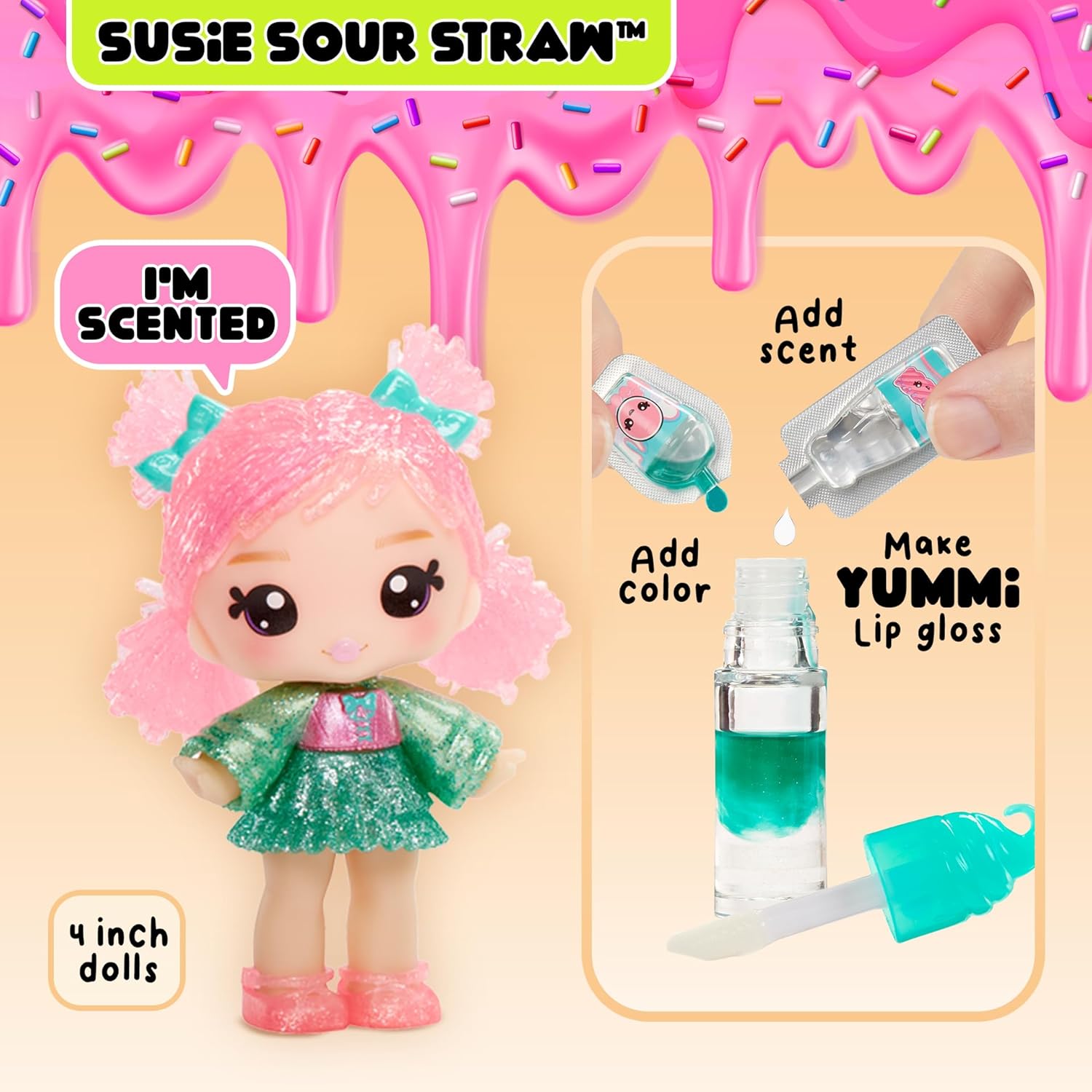 Yummiland Lip Gloss Poupée - Susie Sour Straw - Inclut le Kit DIY Lip Gloss, Convient aux Enfants de 4 Ans et Plus