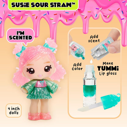 Yummiland Lip Gloss Poupée - Susie Sour Straw - Inclut le Kit DIY Lip Gloss, Convient aux Enfants de 4 Ans et Plus