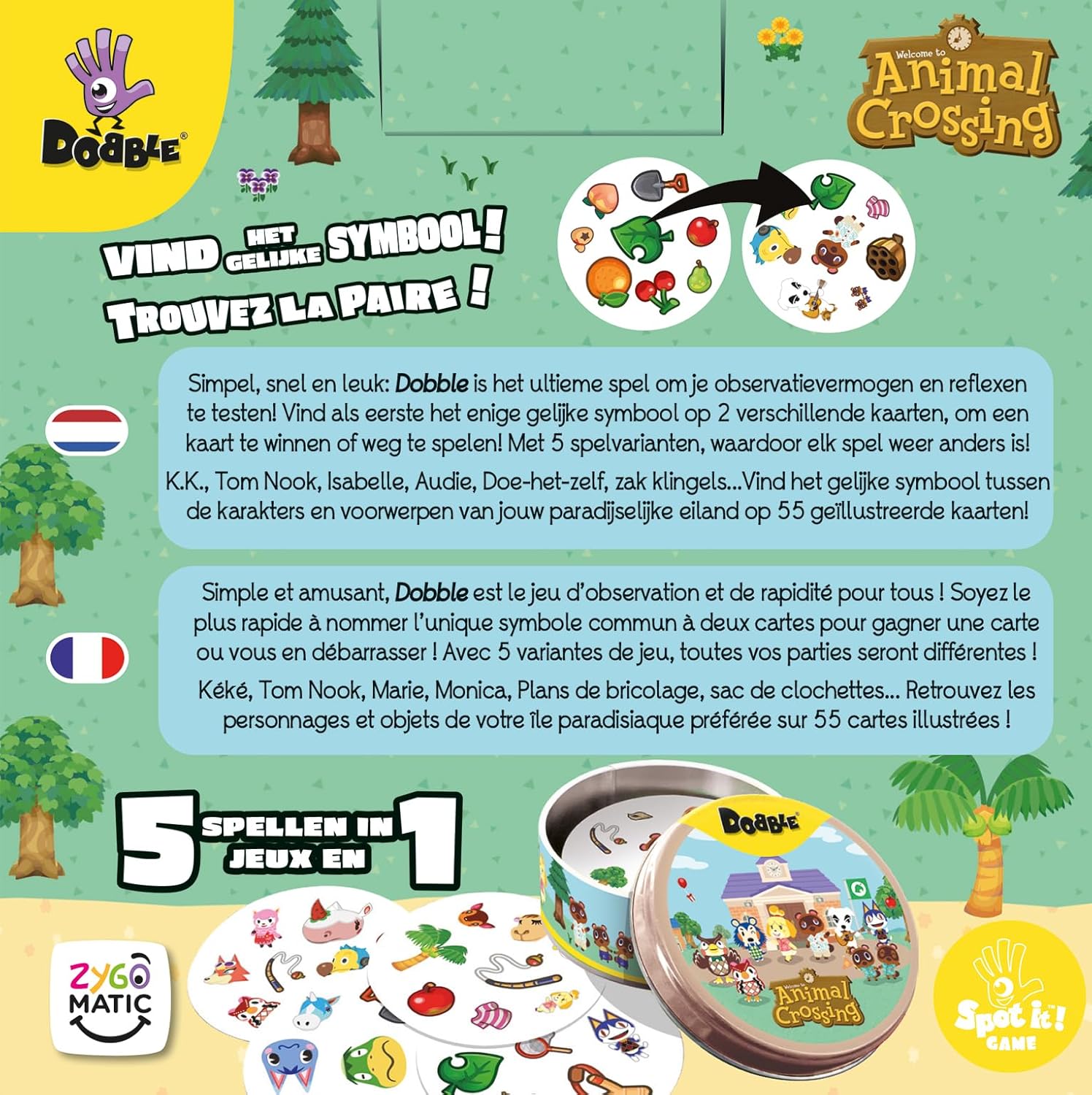 Asmodee - Dobble Animal Crossing - Fun Familie Kartenspiel - Schnelle Beobachtung Spiel - 15 Min Spielzeit - 2-8 Spieler - Alter 4 und älter - Dosen-Box & 55 Karten
