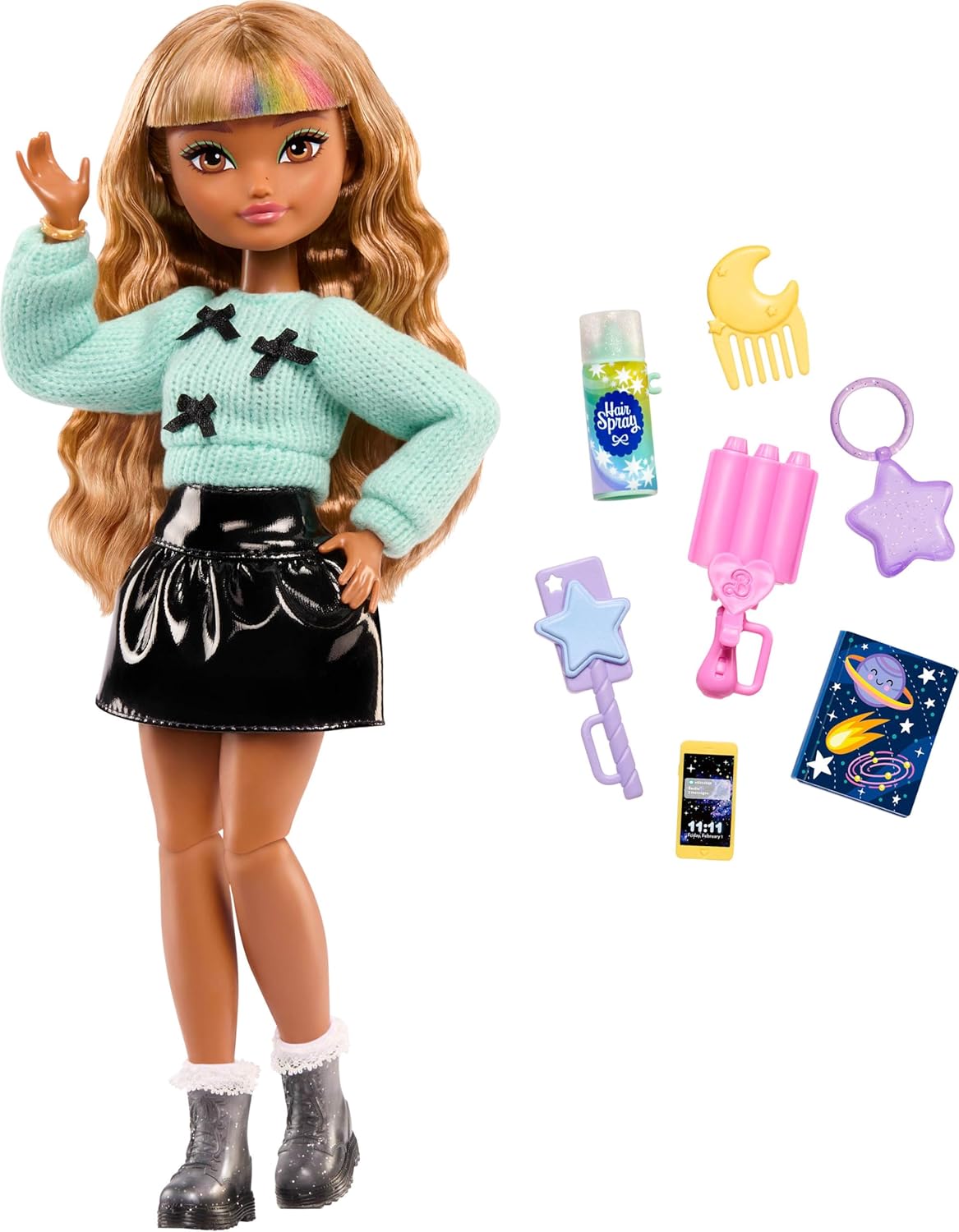 Barbie Dream Besties Pop en Accessoires, Zia, beweegbare modepop met golvend bruin haar en outfit die aan en uit kan, 7 accessoires met haar- en maanthema, JGG36
