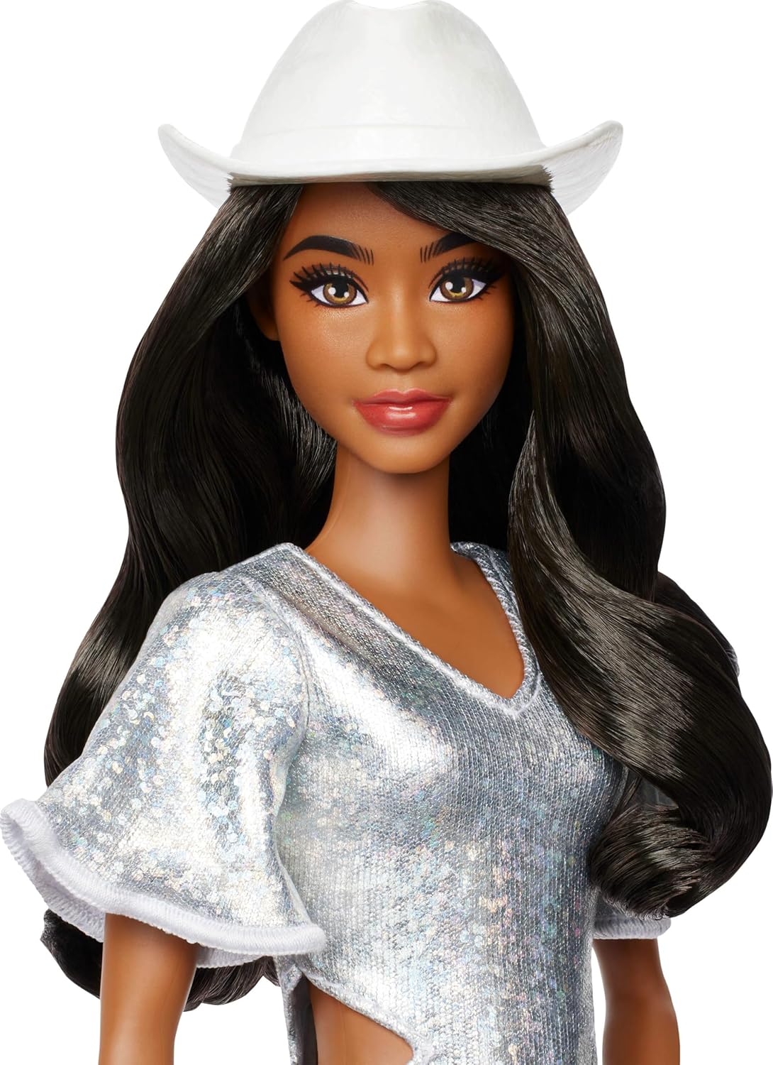 Barbie Fashionistas Doll #239 with Black Hair Wearing Sparkly Silver Fringe Dress with Western Accessories like White Cowboy Hat and Boots, HYT95