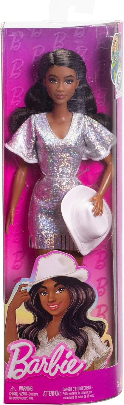 Barbie Fashionistas Doll #239 with Black Hair Wearing Sparkly Silver Fringe Dress with Western Accessories like White Cowboy Hat and Boots, HYT95