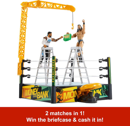 WWE Money In The Bank Cash-In Ring Playset with 2 Play Modes & 40+ Sounds & Phrases, Includes Launcher Crane, Ladders & Briefcase, 13-Inch x 20-Inch, JGR83
