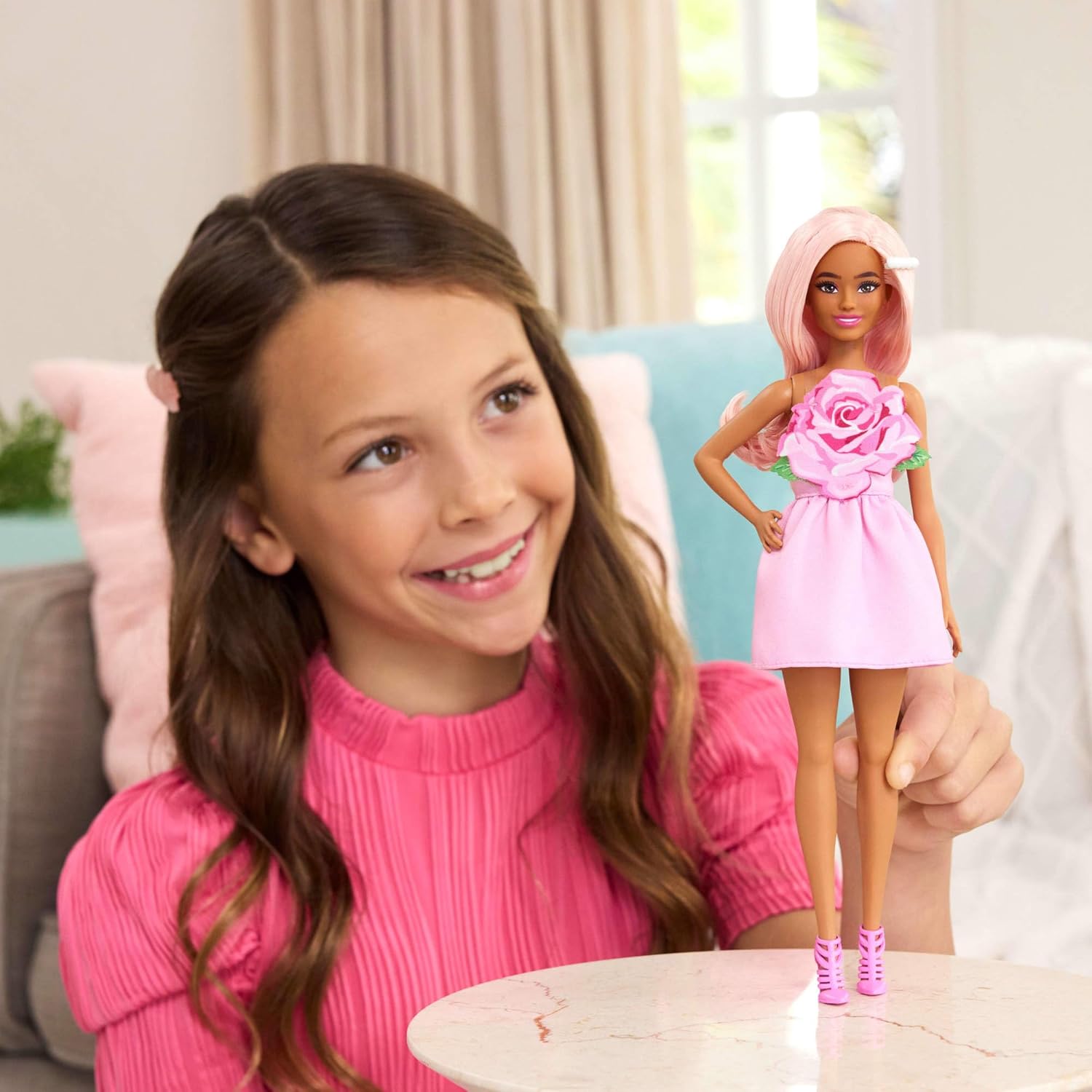 Barbie Fashionistas Doll #238 with Pastel Pink Hair Wearing Strapless Dress with Rose Bodice, Pearly Barrette Accessory and Strappy Pink Heels