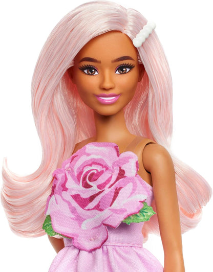 Barbie Fashionistas Doll #238 with Pastel Pink Hair Wearing Strapless Dress with Rose Bodice, Pearly Barrette Accessory and Strappy Pink Heels