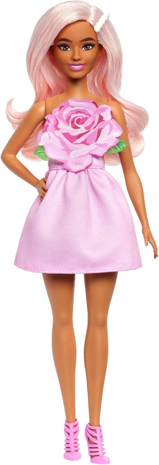 Barbie Fashionistas Doll #238 with Pastel Pink Hair Wearing Strapless Dress with Rose Bodice, Pearly Barrette Accessory and Strappy Pink Heels