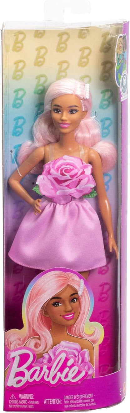 Barbie Fashionistas Doll #238 with Pastel Pink Hair Wearing Strapless Dress with Rose Bodice, Pearly Barrette Accessory and Strappy Pink Heels
