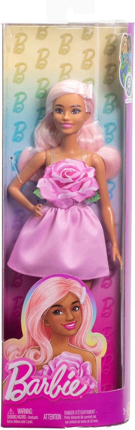 Barbie Fashionistas Doll #238 with Pastel Pink Hair Wearing Strapless Dress with Rose Bodice, Pearly Barrette Accessory and Strappy Pink Heels