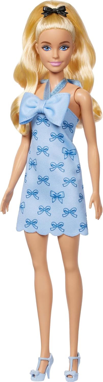 Barbie Fashionistas Doll #237 with Wavy Blonde Ponytail Wearing Blue Bow Halter Dress, Black Hair Bow Accessory and Matching Blue Heels