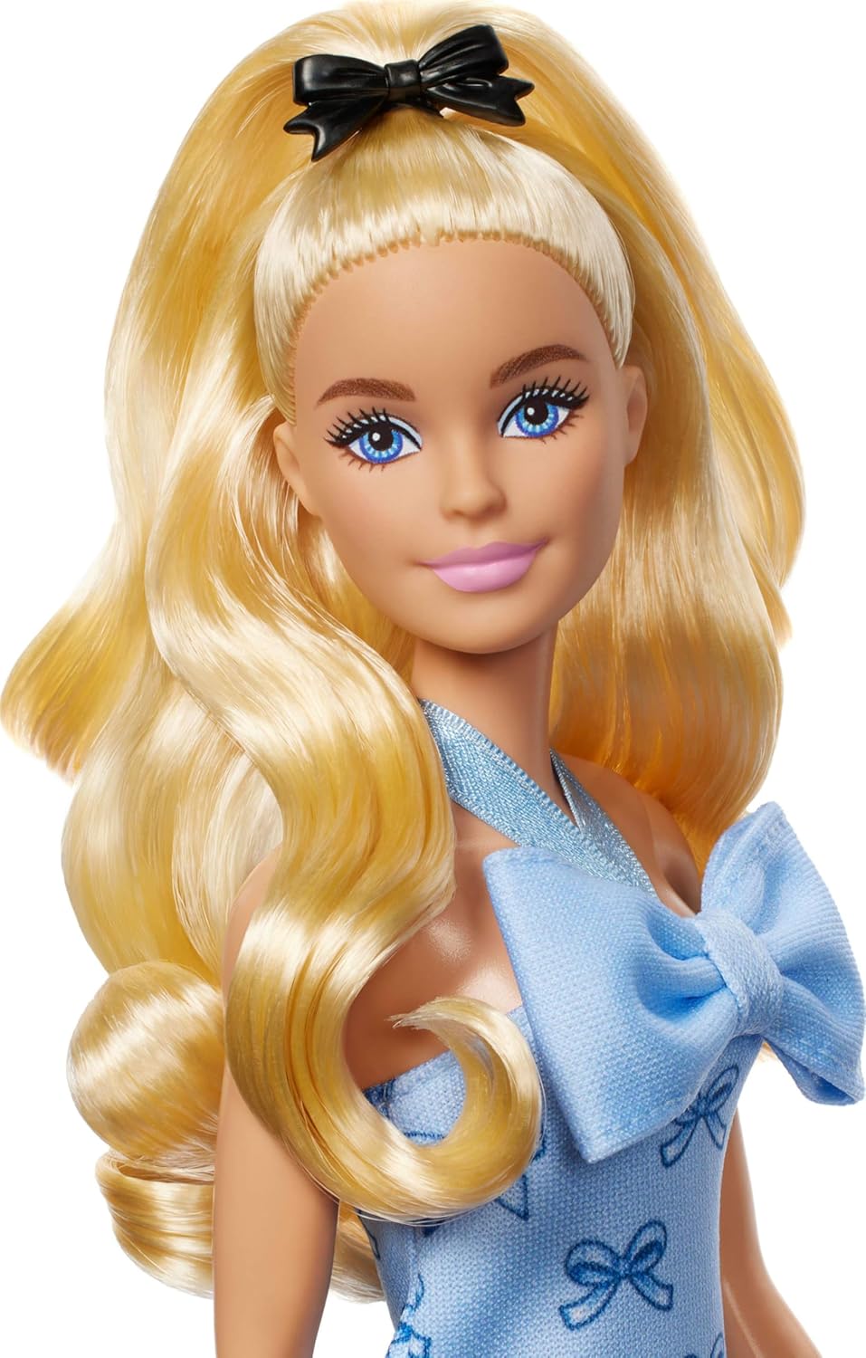 Barbie Fashionistas Doll #237 with Wavy Blonde Ponytail Wearing Blue Bow Halter Dress, Black Hair Bow Accessory and Matching Blue Heels