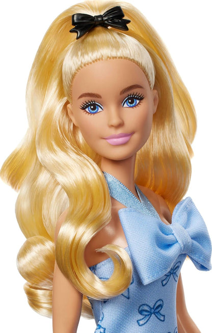 Barbie Fashionistas Doll #237 with Wavy Blonde Ponytail Wearing Blue Bow Halter Dress, Black Hair Bow Accessory and Matching Blue Heels