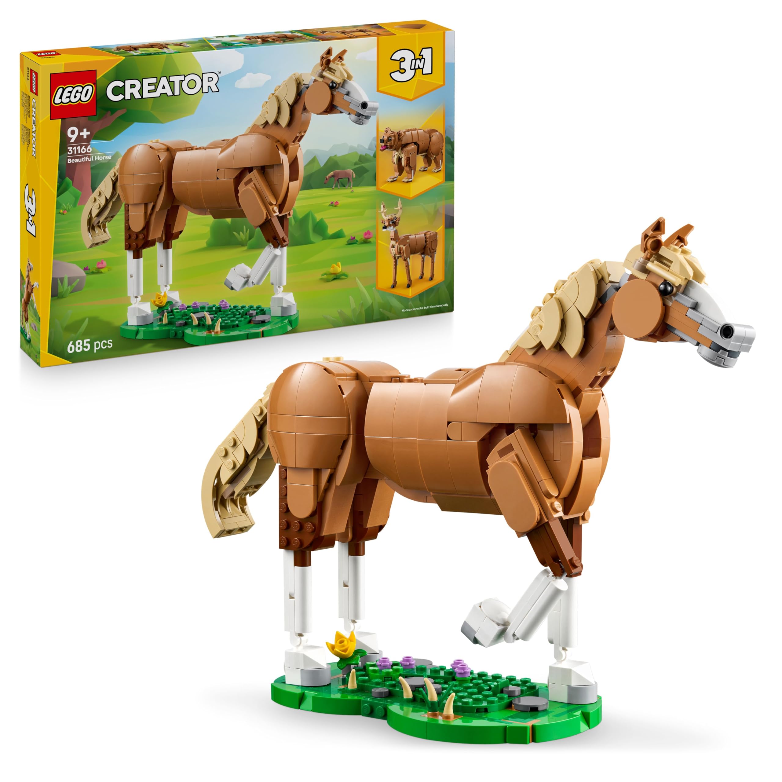 LEGO Creator 3in1 Beautiful Horse Toy - Animal Figure Transforms into a Bear or a Deer Model - Creative Gift for 9+ Year Old Girls & Boys - 31166
