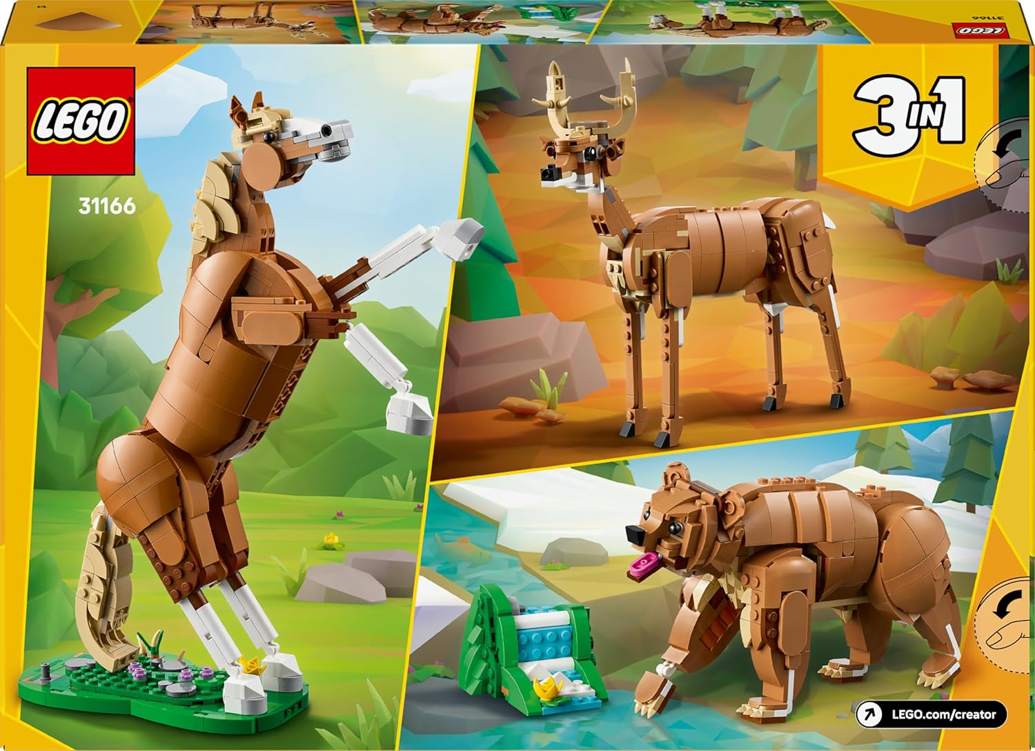 LEGO Creator 3in1 Beautiful Horse Toy - Animal Figure Transforms into a Bear or a Deer Model - Creative Gift for 9+ Year Old Girls & Boys - 31166