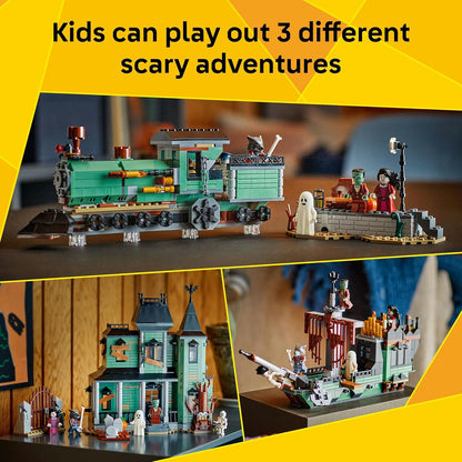 LEGO Creator 3in1 Spookhuis Bouwspeelgoed, Bouw Om tot Spookschip of Spooktrein, Set met 5 Enge Minifiguren, Halloweencadeau voor Jongens en Meisjes Vanaf 9 Jaar 31167