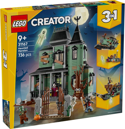 LEGO Creator 3in1 Spookhuis Bouwspeelgoed, Bouw Om tot Spookschip of Spooktrein, Set met 5 Enge Minifiguren, Halloweencadeau voor Jongens en Meisjes Vanaf 9 Jaar 31167