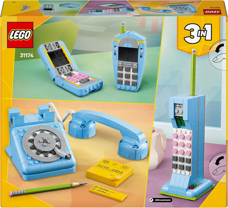 LEGO Creator 3in1 Retro Telephone Toy with Rotary Dial - Transforms into a 1980s Model or 2 Mobile Phones from the 2000s - Creative Gift for 8+ Year Old Girls & Boys - 31174