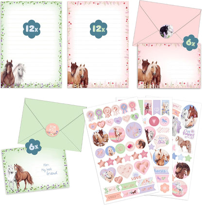 Depesche 12933 Miss Melody - Schrijfset in map, met paardenmotief en bloemen, incl. briefpapier, enveloppen en stickers