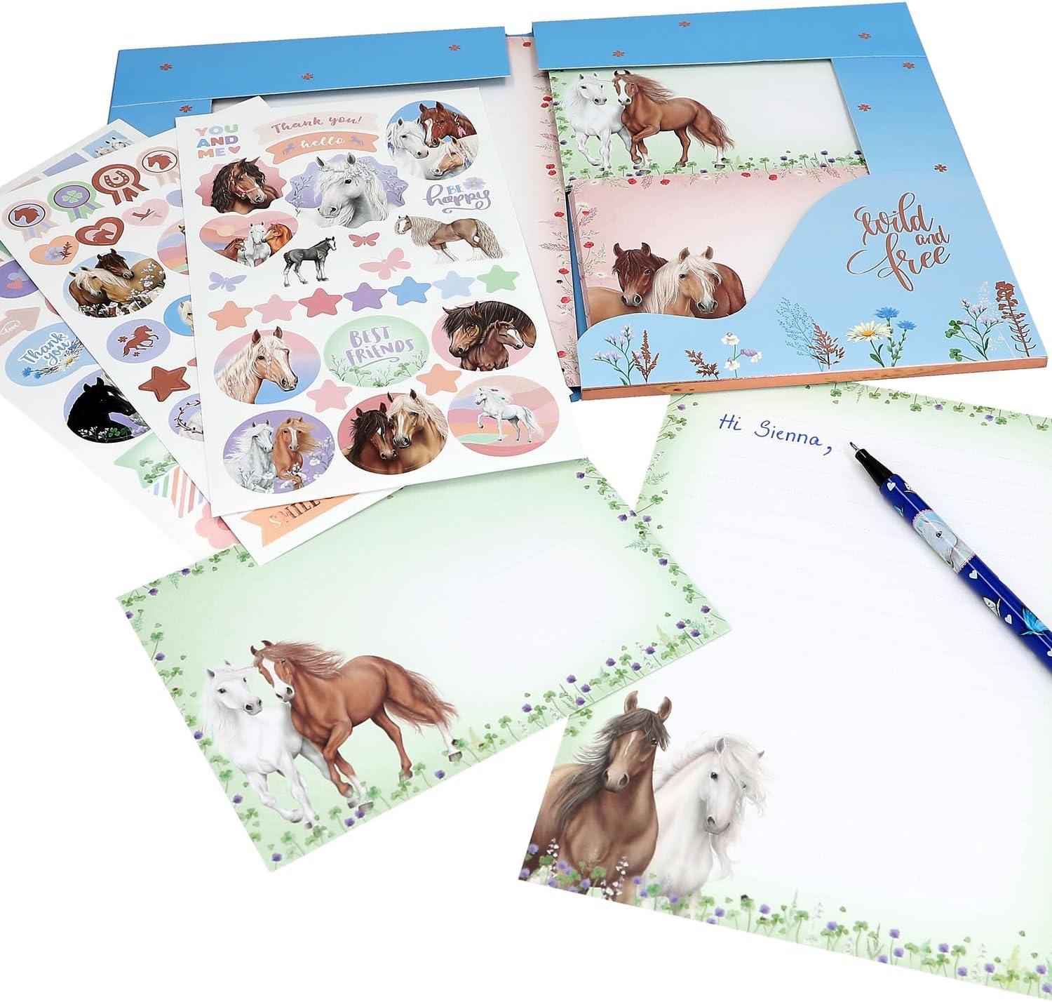 Depesche 12933 Miss Melody - Schrijfset in map, met paardenmotief en bloemen, incl. briefpapier, enveloppen en stickers