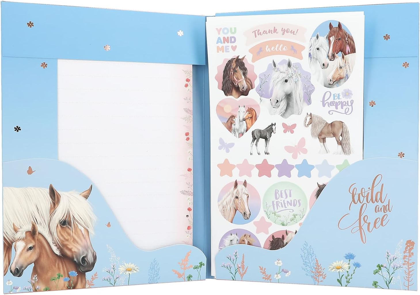 Depesche 12933 Miss Melody - Schrijfset in map, met paardenmotief en bloemen, incl. briefpapier, enveloppen en stickers