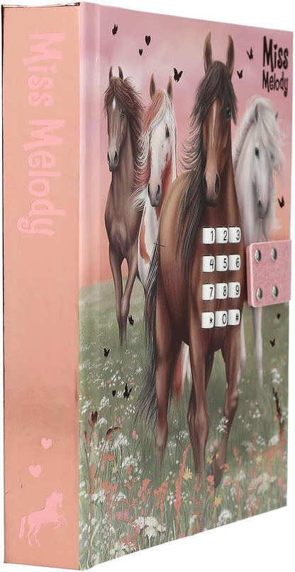 Depesche 13236 Miss Melody - Dagboek met cijfercode en geluid, boek in roze en groen, met paardenmotief en 80 gelinieerde en kleurrijk geïllustreerde pagina's