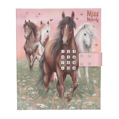 Depesche 13236 Miss Melody - Dagboek met cijfercode en geluid, boek in roze en groen, met paardenmotief en 80 gelinieerde en kleurrijk geïllustreerde pagina's