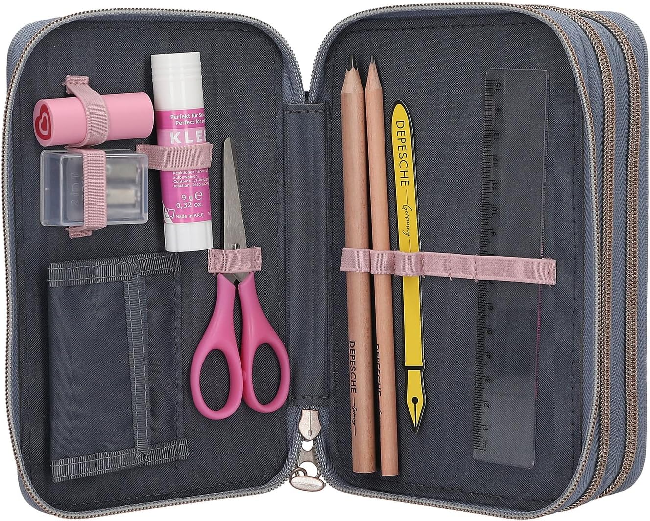 Miss Melody - Triple Pencil Case With 3D Effect - Smoky Blue