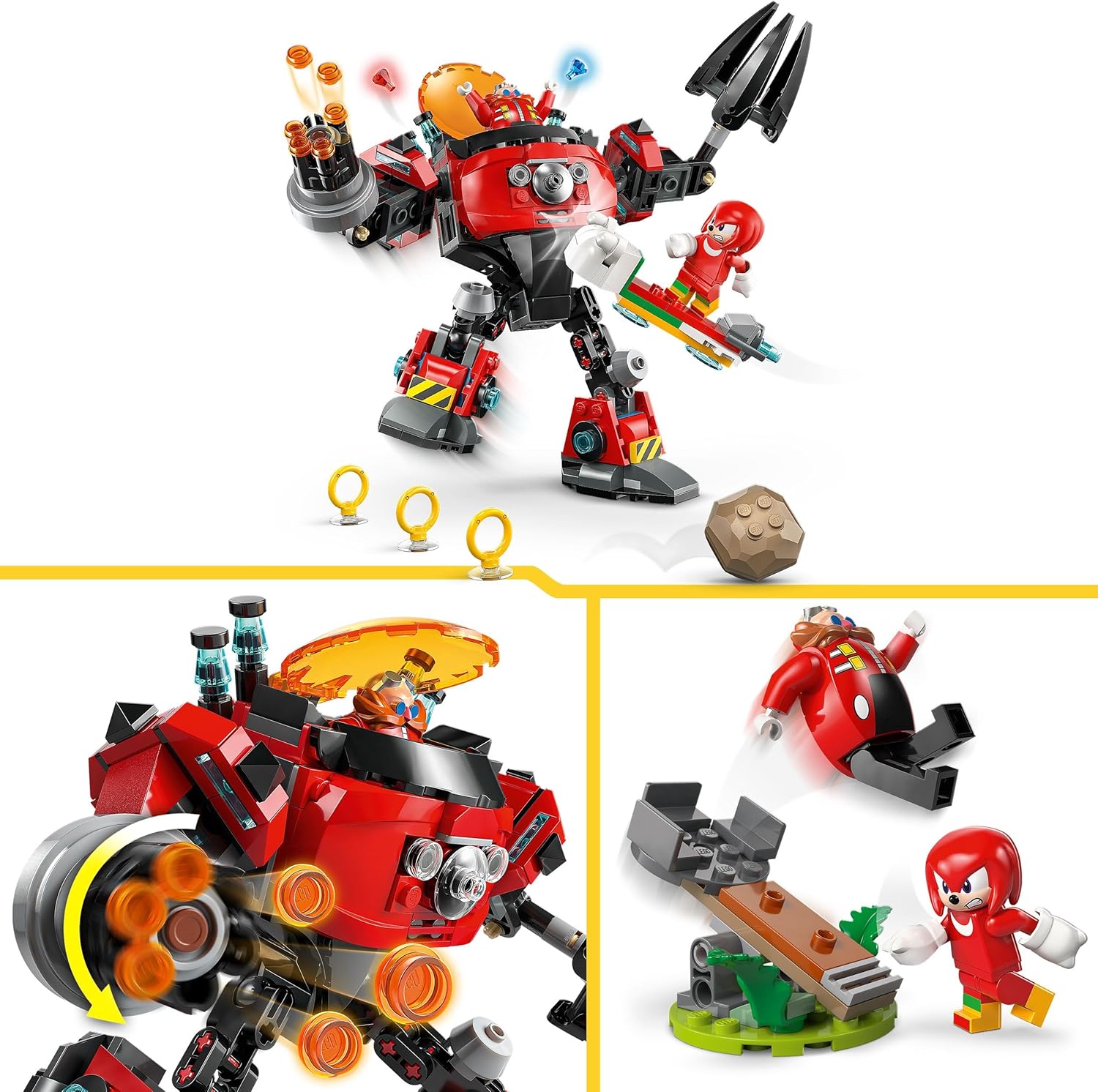 LEGO Sonic the Hedgehog Knuckles vs. Dr. Eggman Egg Crusher Mech Toy - Building Set incl. 2 Minifigures, Rings & Chaos Emeralds - Video Gaming Gift for 8+ Year Old Boys & Girls - 77005